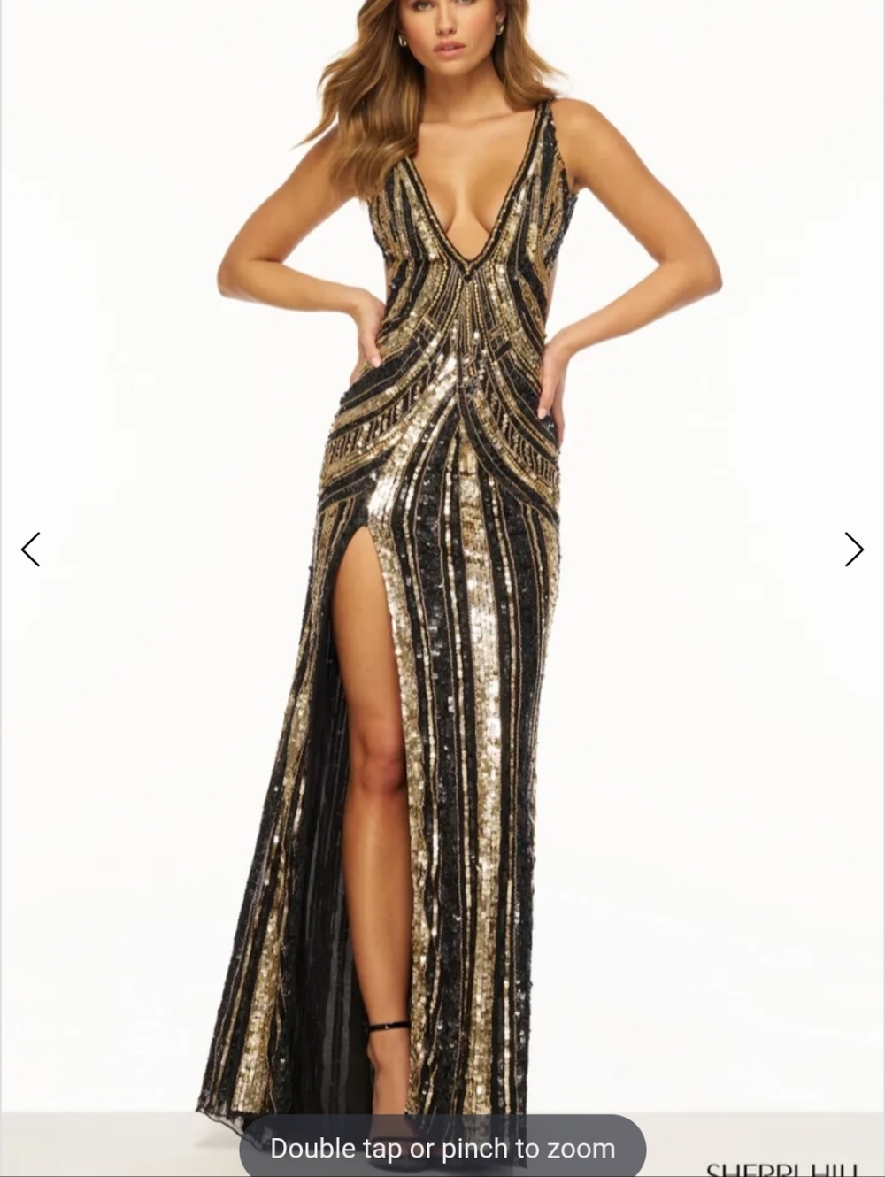 Sherri Hill Sequin Low V-Neck Evening Gown Dress in Black and Gold Prom Dress